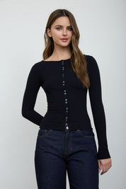 Lena Ribbed Boatneck Cardigan - Black