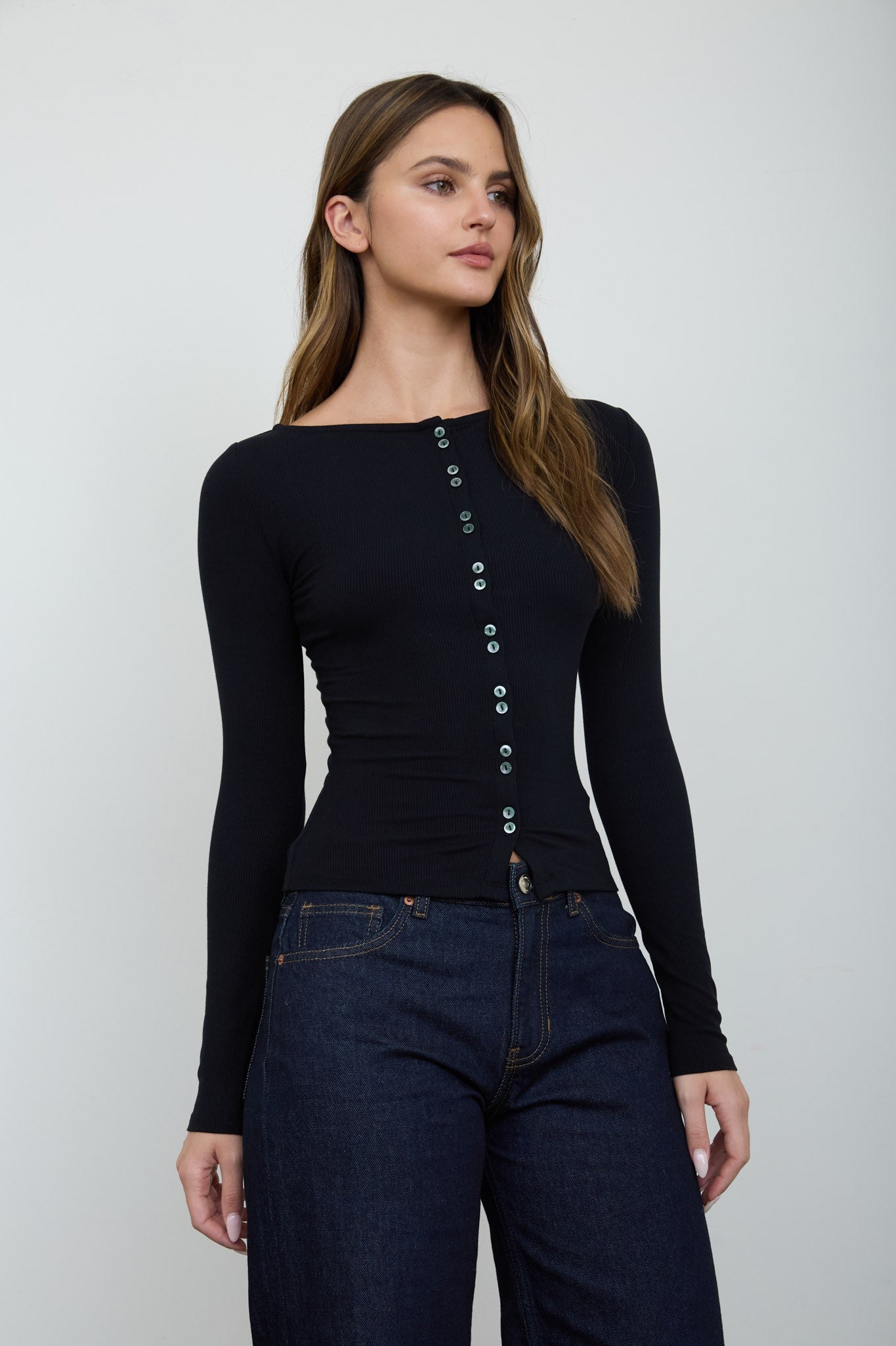 Lena Ribbed Boatneck Cardigan - Black