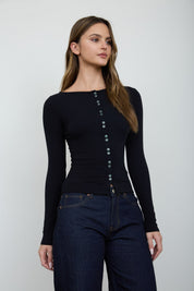Lena Ribbed Boatneck Cardigan - Black