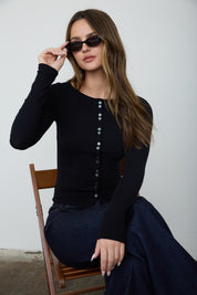 Lena Ribbed Boatneck Cardigan - Black