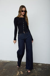 Lena Ribbed Boatneck Cardigan - Black