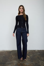 Lena Ribbed Boatneck Cardigan - Black