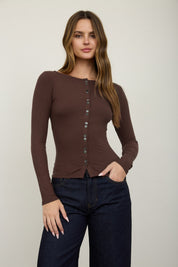 Lena Ribbed Boatneck Cardigan - Brown