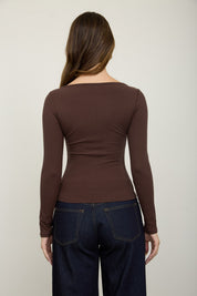 Lena Ribbed Boatneck Cardigan - Brown