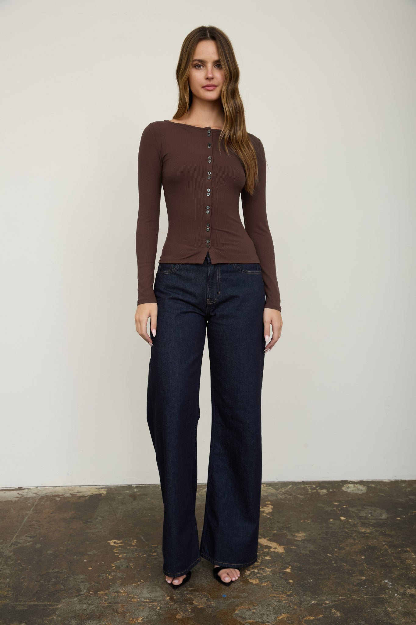 Lena Ribbed Boatneck Cardigan - Brown