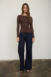 Lena Ribbed Boatneck Cardigan - Brown