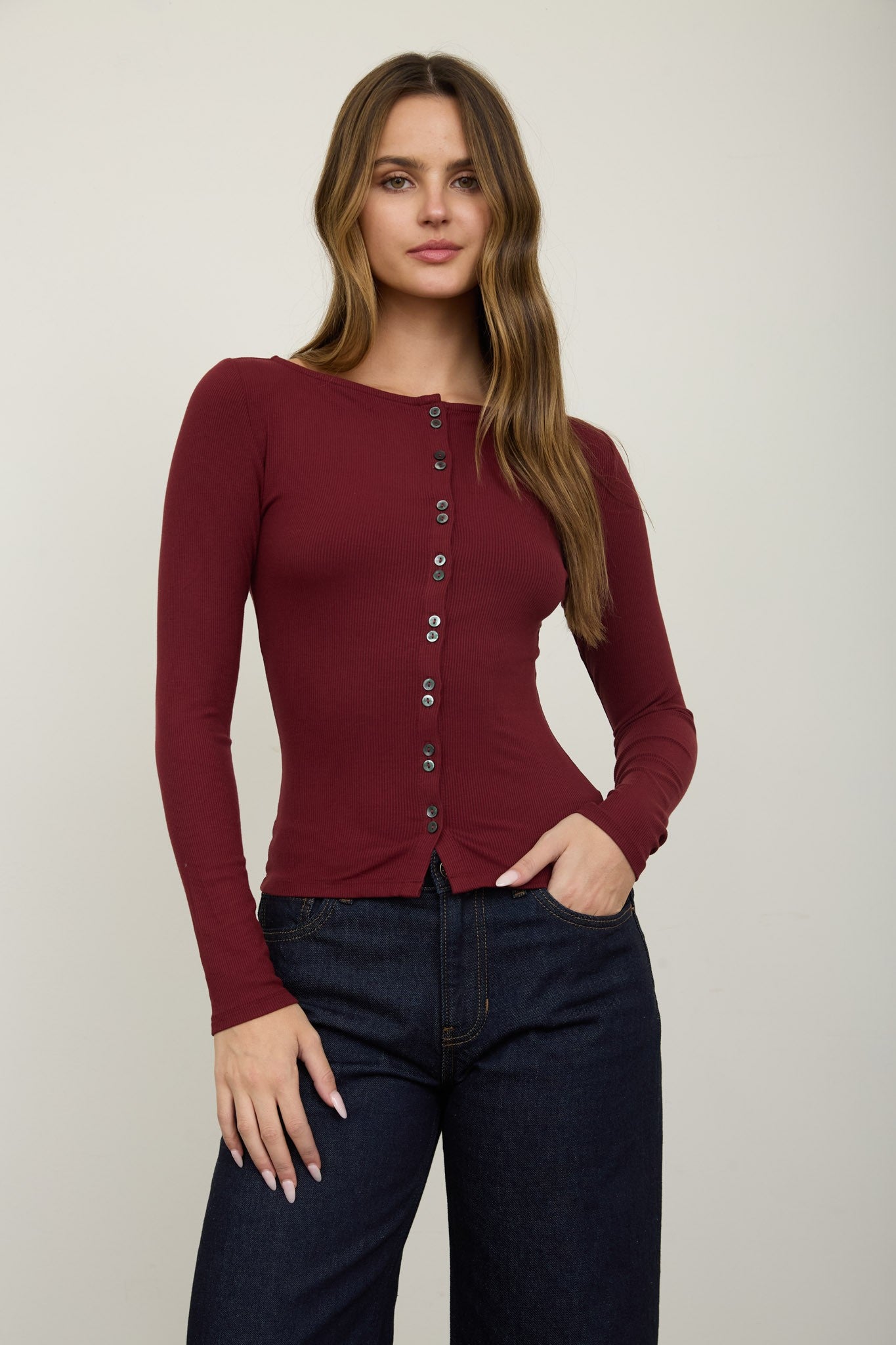 Lena Ribbed Boatneck Cardigan - Burgundy