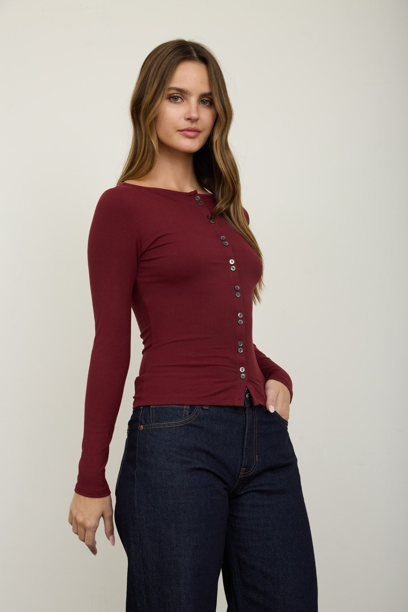 Lena Ribbed Boatneck Cardigan - Burgundy