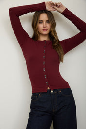 Lena Ribbed Boatneck Cardigan - Burgundy