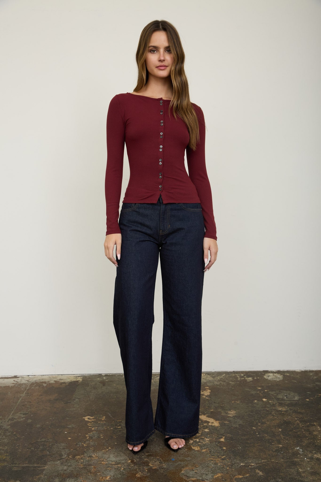 Lena Ribbed Boatneck Cardigan - Burgundy