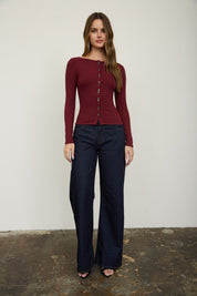 Lena Ribbed Boatneck Cardigan - Burgundy