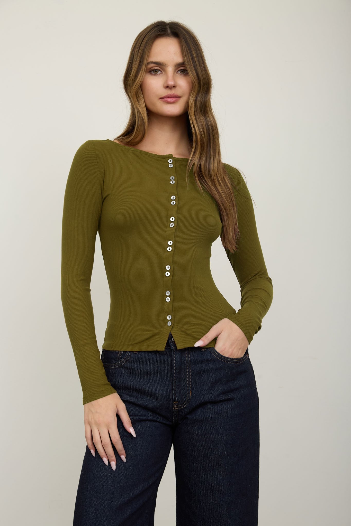 Lena Ribbed Boatneck Cardigan - Moss