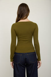 Lena Ribbed Boatneck Cardigan - Moss