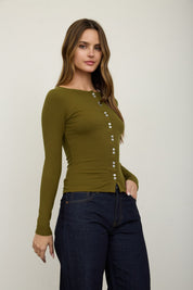 Lena Ribbed Boatneck Cardigan - Moss