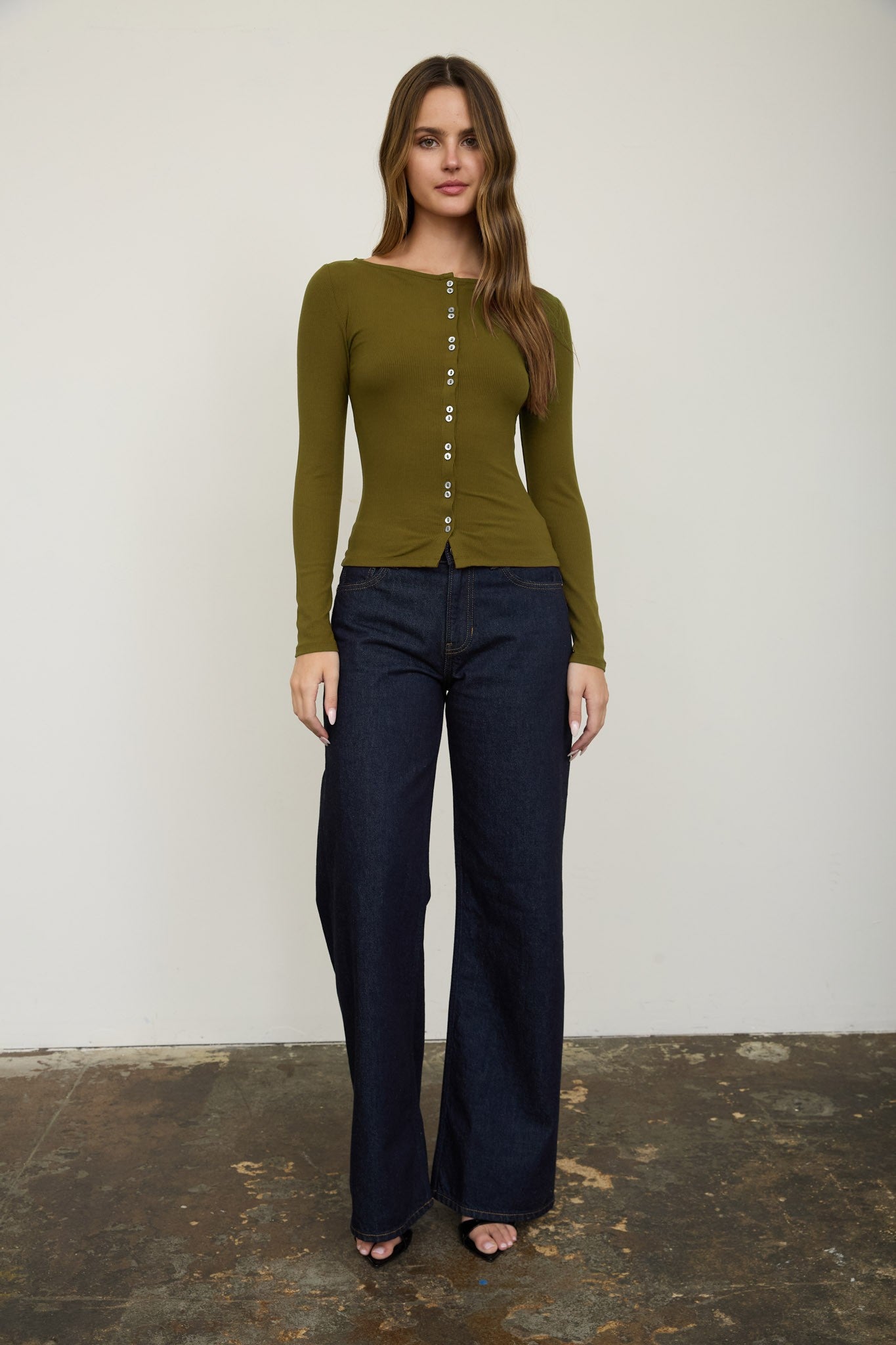 Lena Ribbed Boatneck Cardigan - Moss