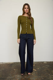 Lena Ribbed Boatneck Cardigan - Moss