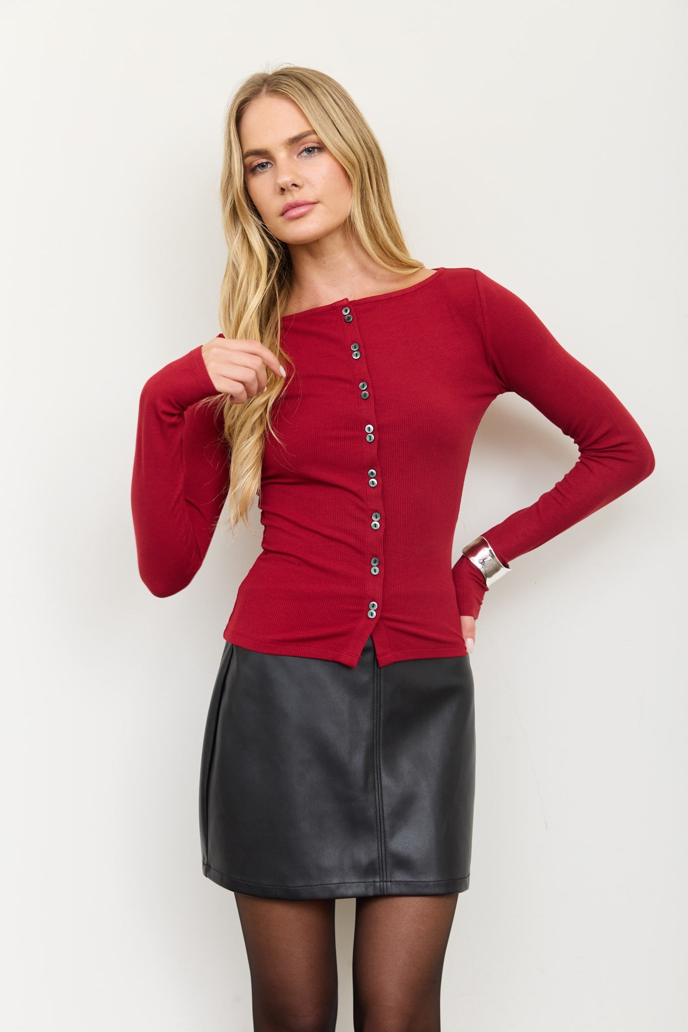 Lena Ribbed Boatneck Cardigan - Red
