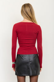 Lena Ribbed Boatneck Cardigan - Red