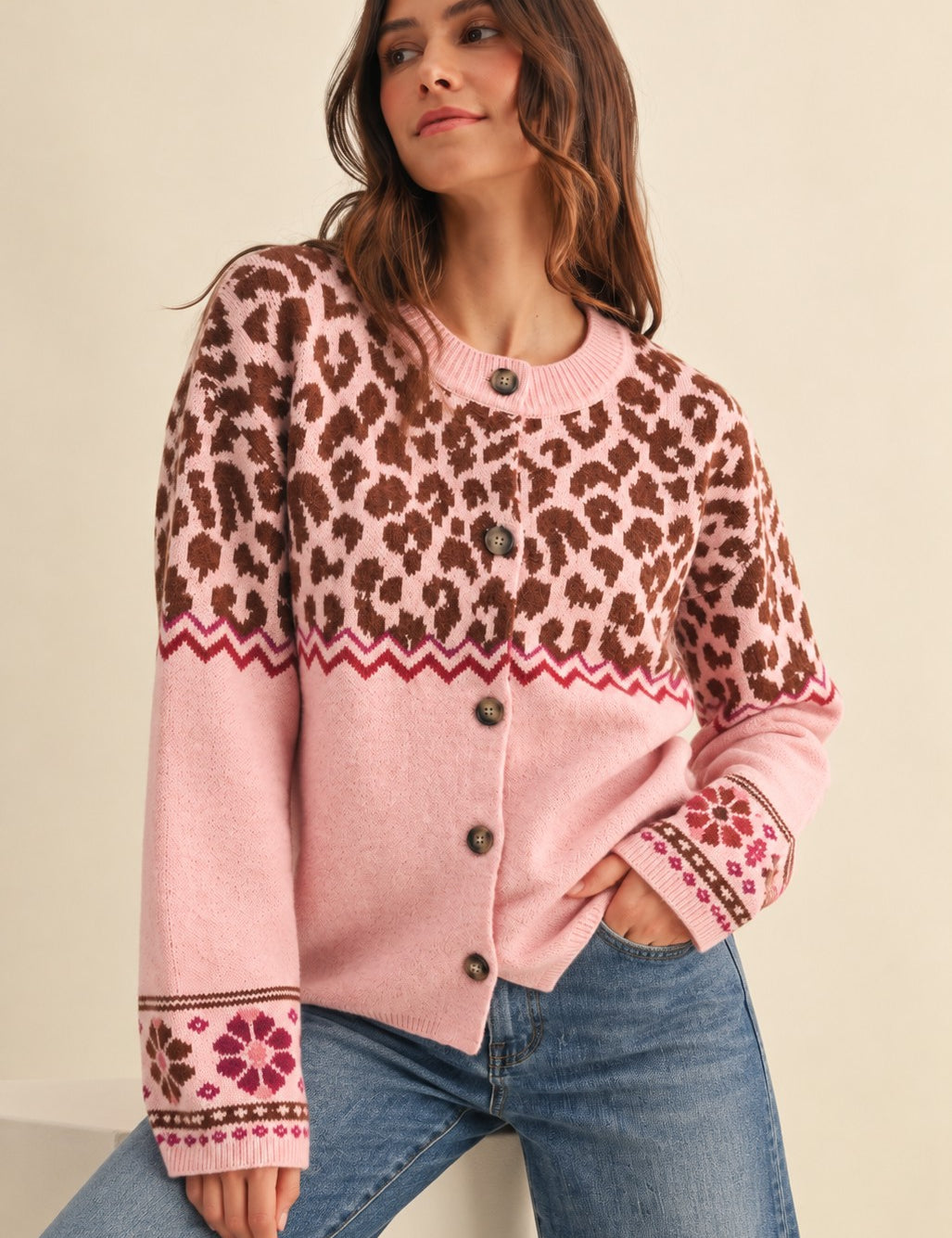 Leopard Border Knit Cardigan in Soft Pink - product photo 1