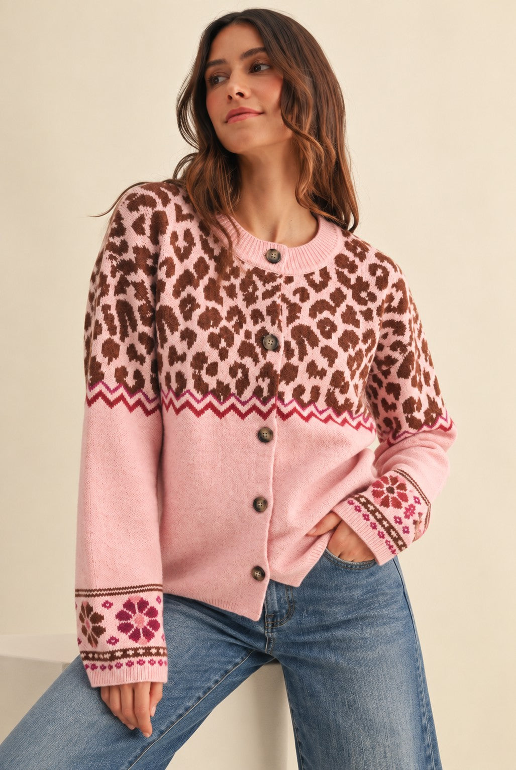 Leopard Border Knit Cardigan in Soft Pink - product photo 1