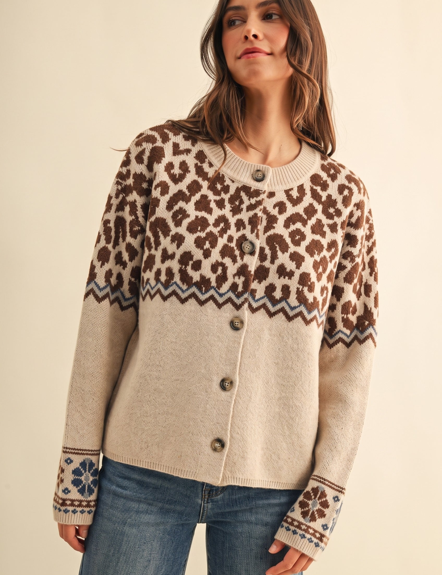 Leopard Border Knit Cardigan in Taupe - product photo 1