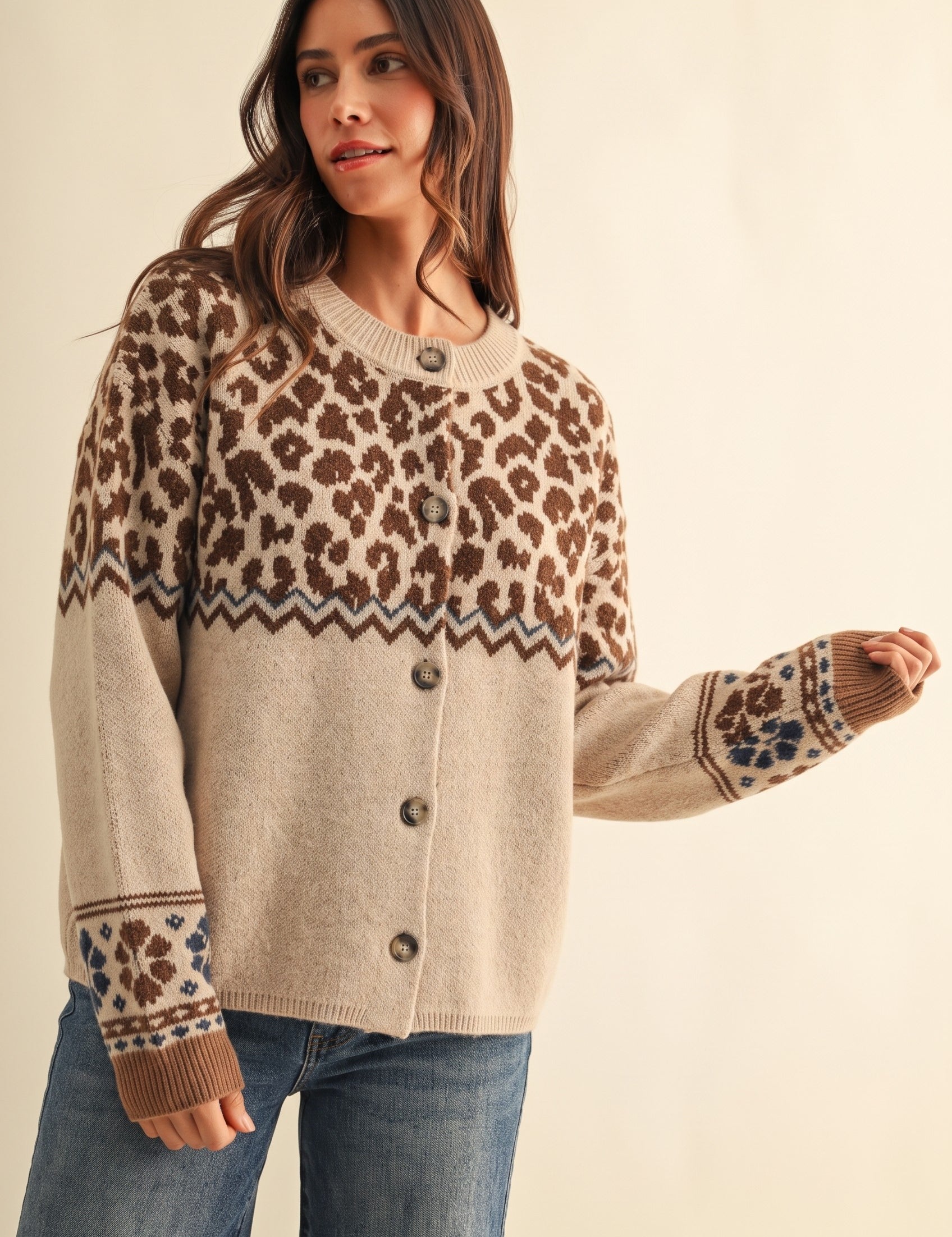 Leopard Border Knit Cardigan in Taupe - product photo 2