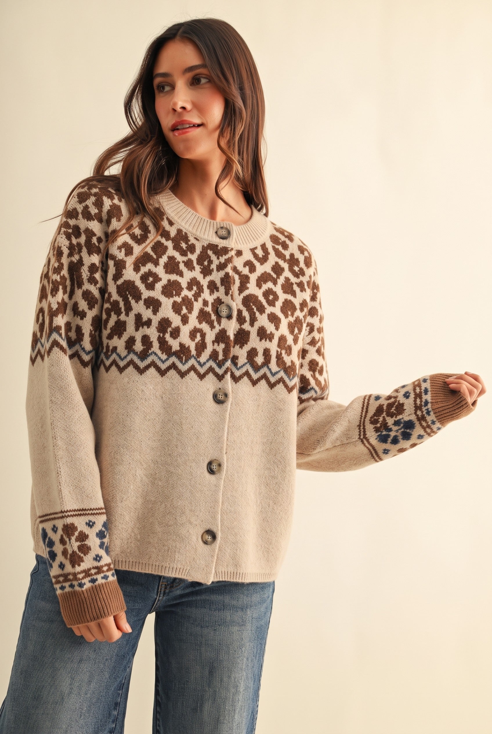 Leopard Border Knit Cardigan in Taupe - product photo 2