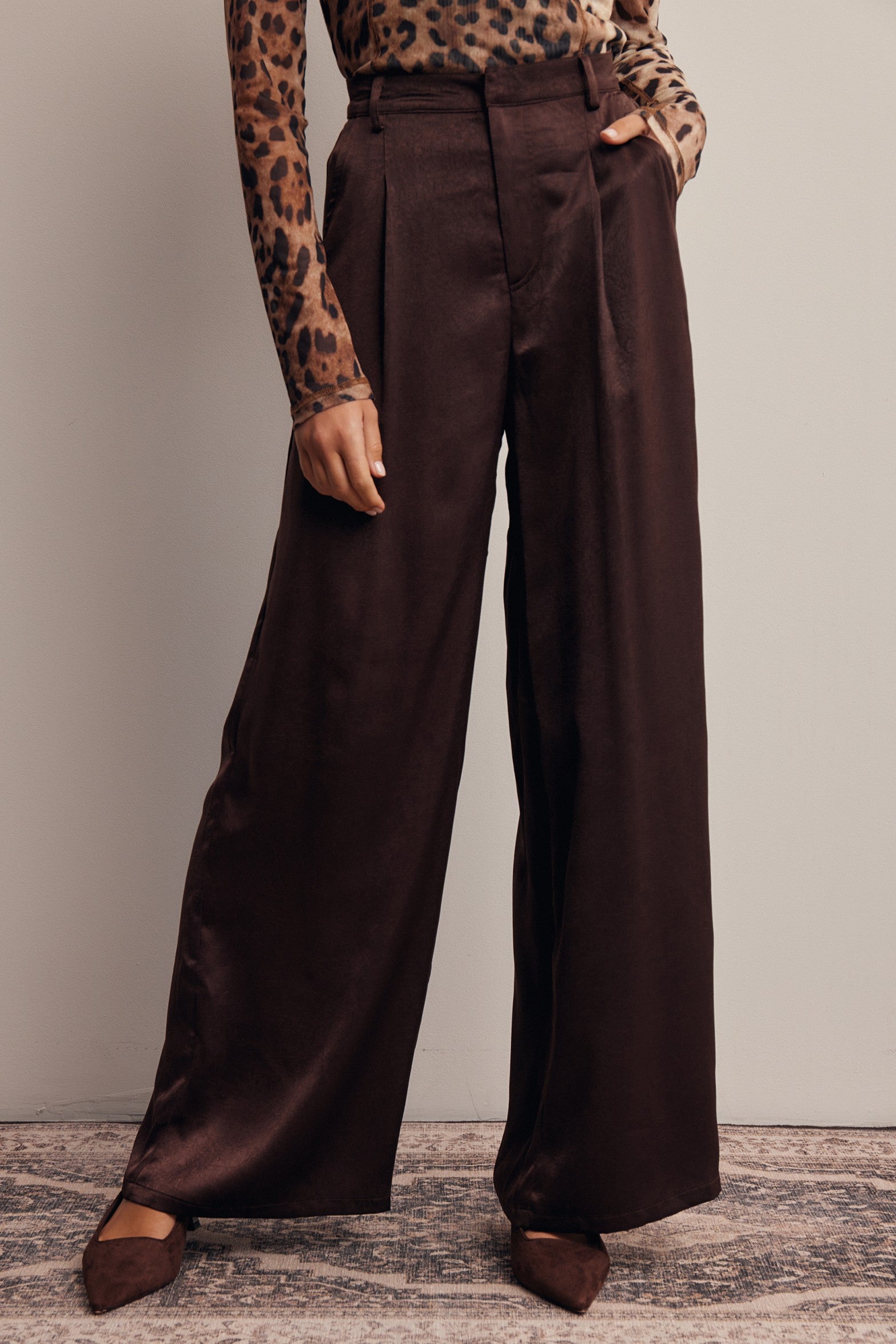 Limelight Satin Pleated Wide Leg Pants in Chocolate Plum, photo 1