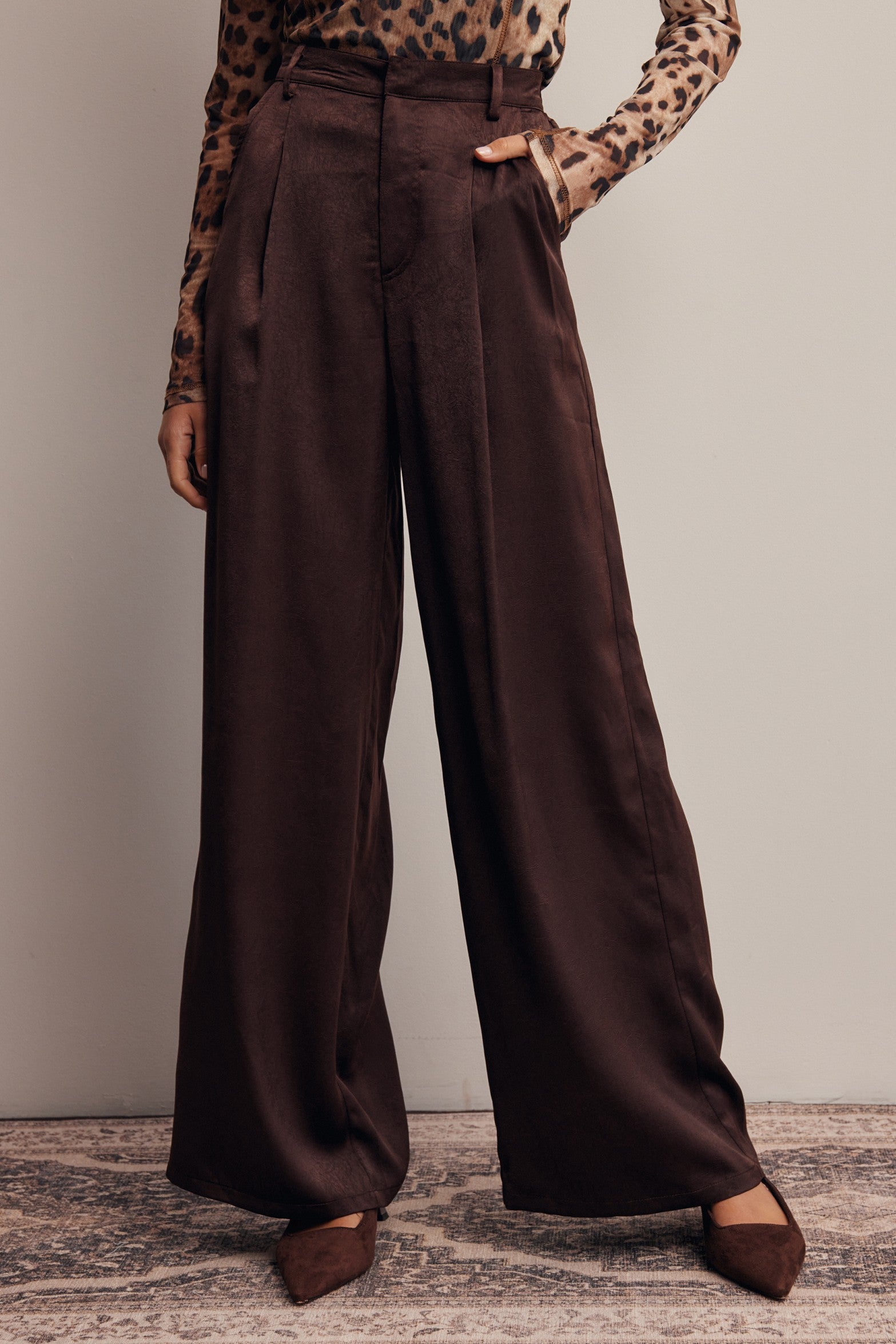 Limelight Satin Pleated Wide Leg Pants in Chocolate Plum, photo 2