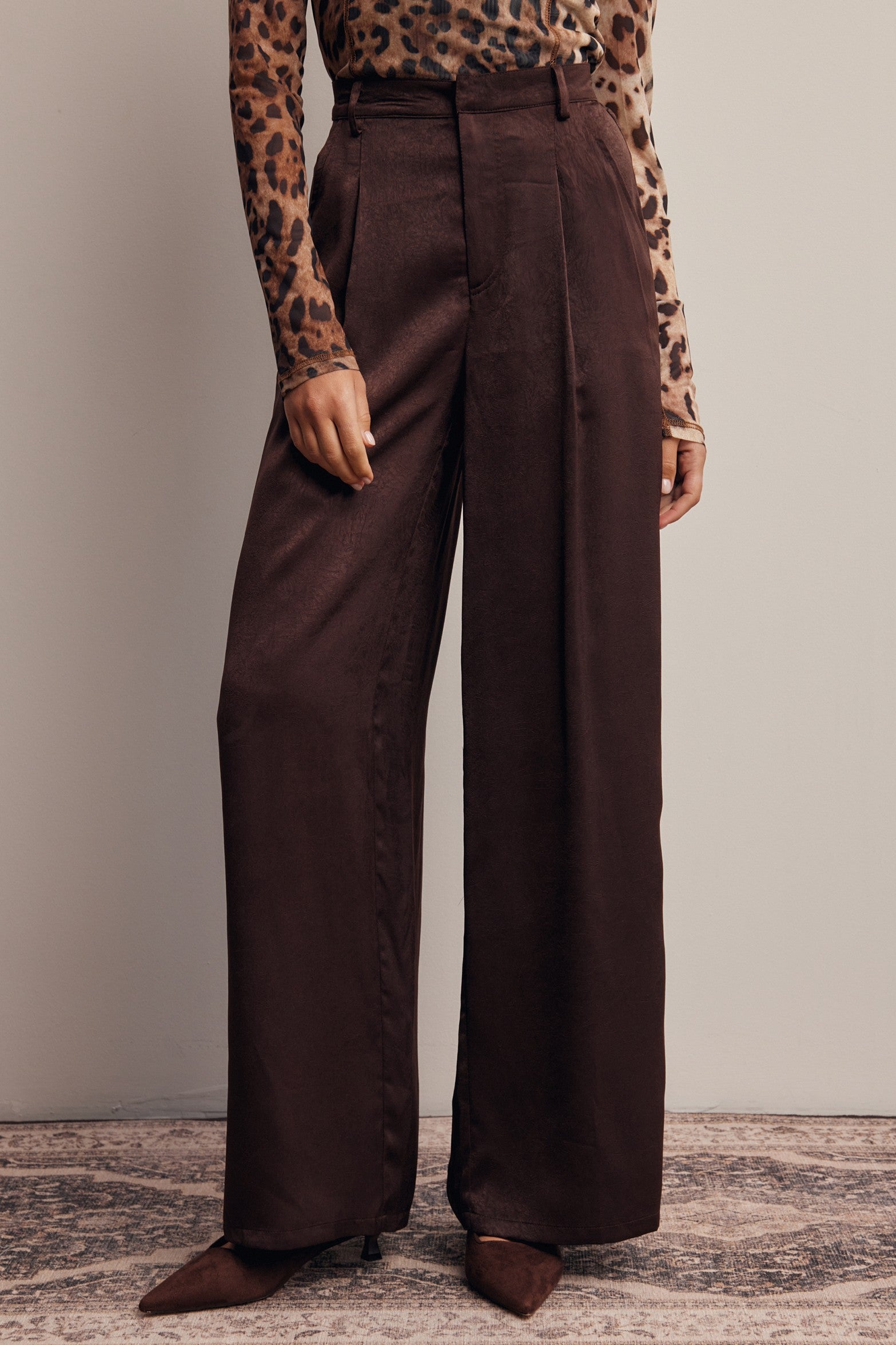 Limelight Satin Pleated Wide Leg Pants in Chocolate Plum, photo 3
