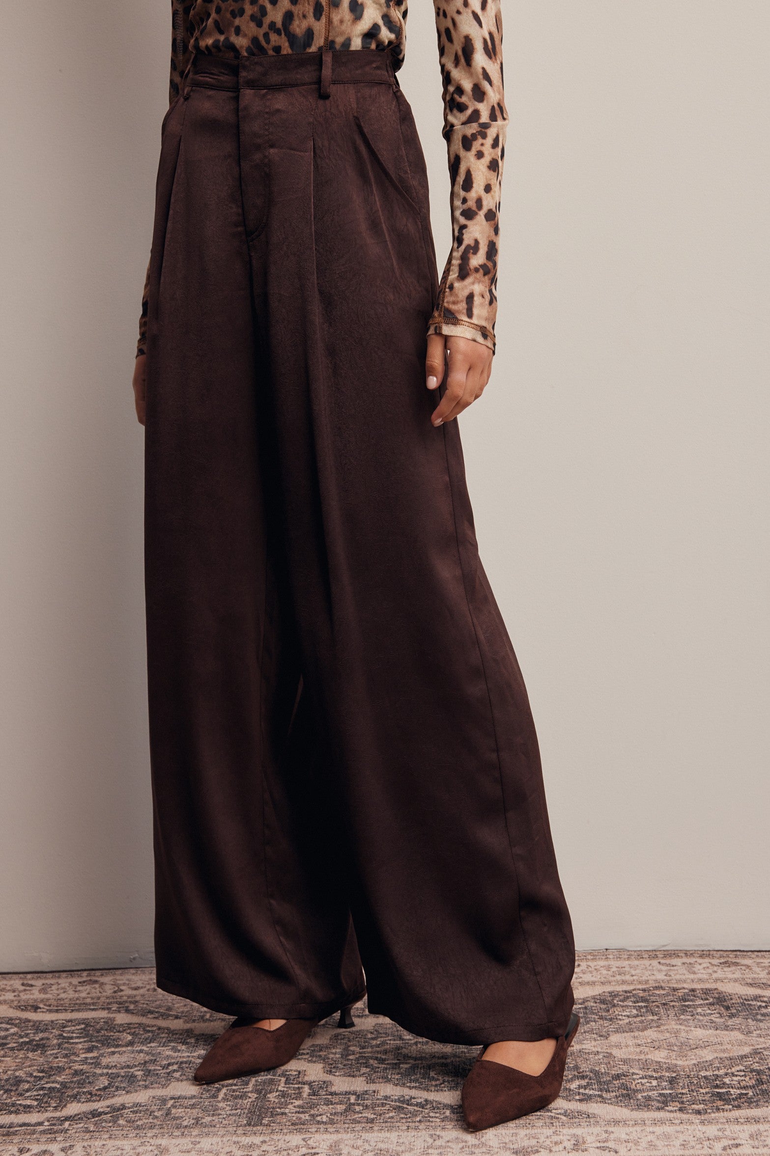 Limelight Satin Pleated Wide Leg Pants in Chocolate Plum, photo 4