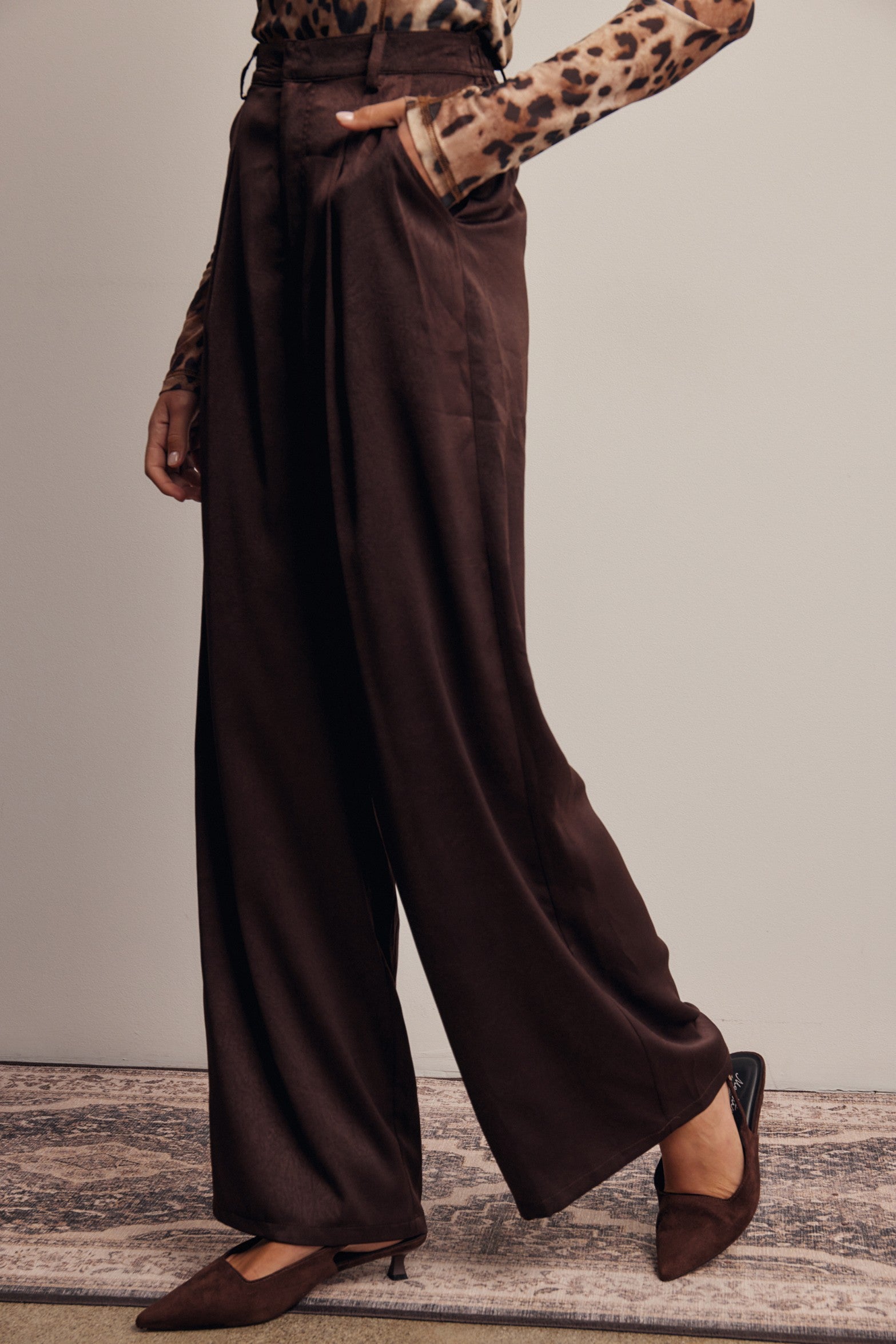 Limelight Satin Pleated Wide Leg Pants in Chocolate Plum, photo 5
