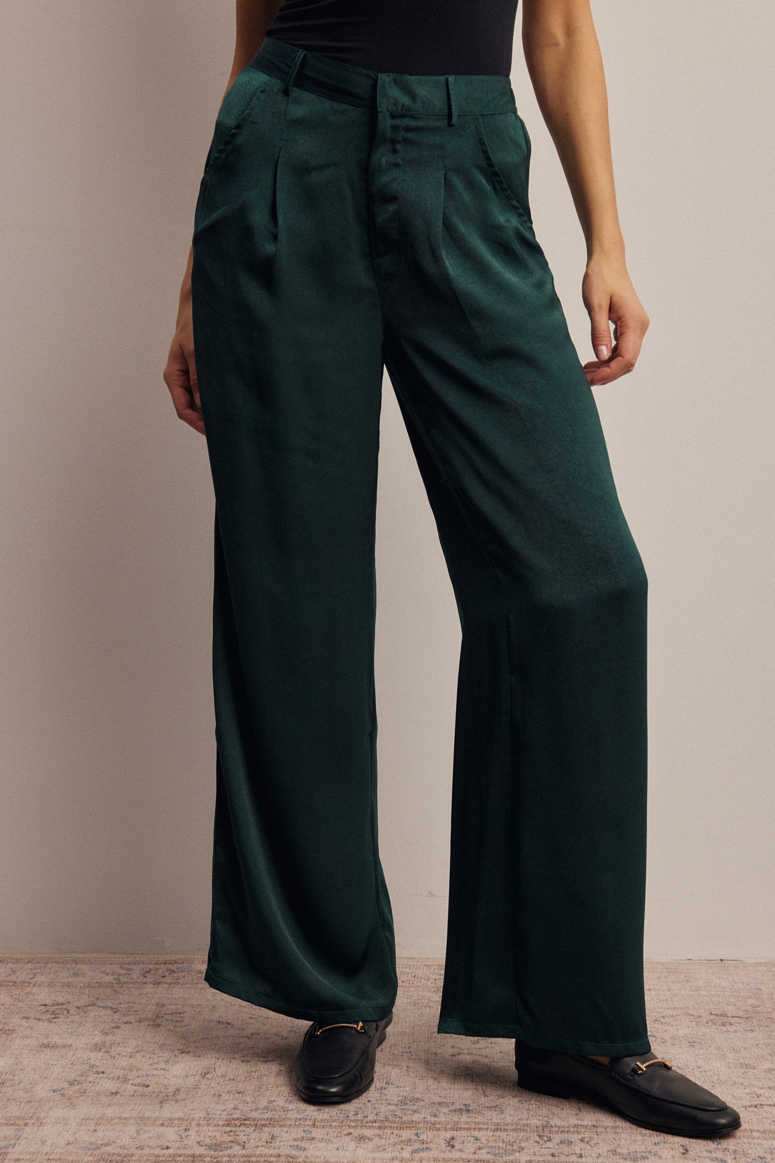 Limelight Satin Pleated Wide Leg Pants in Deep Green, photo 1