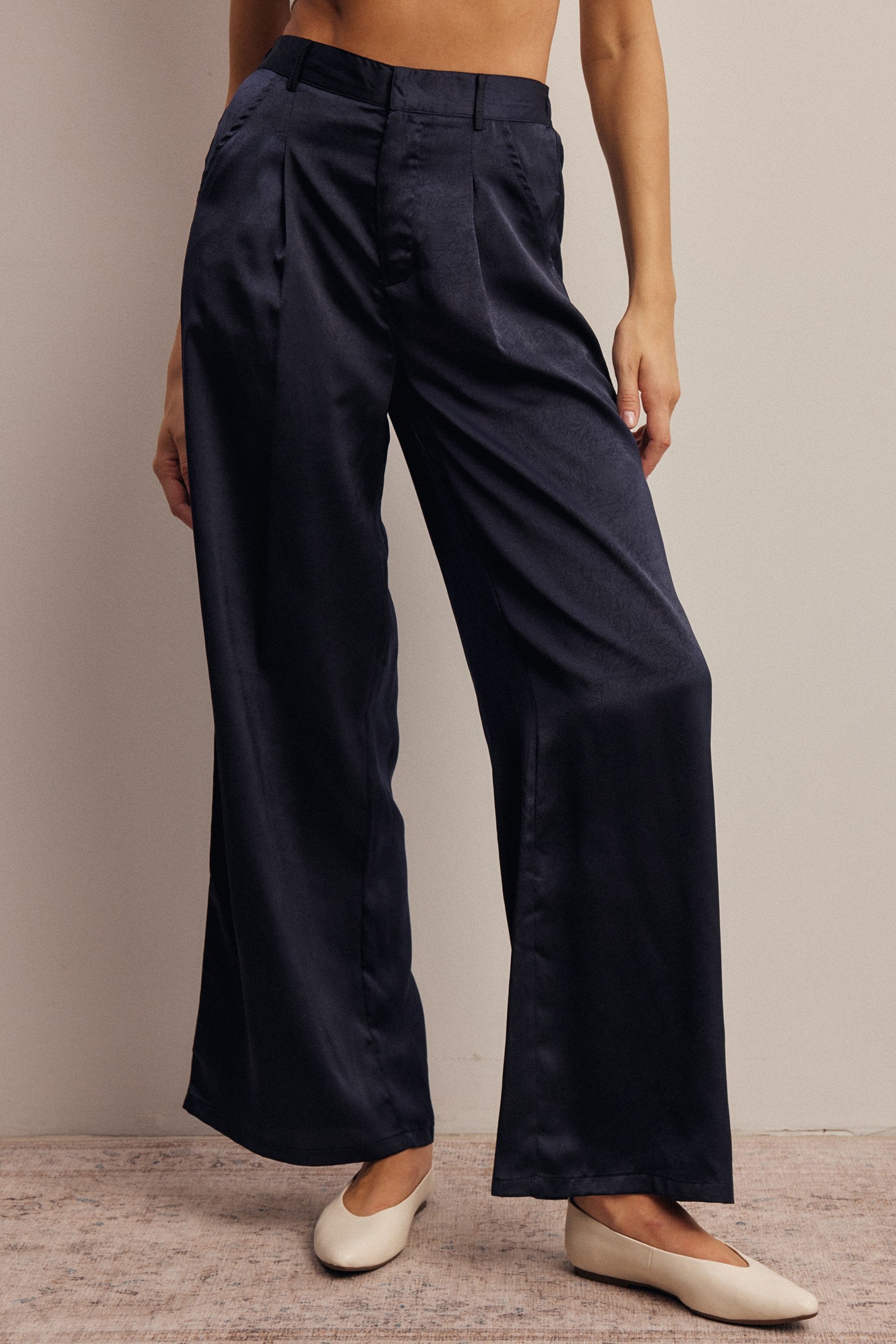 Limelight Satin Pleated Wide Leg Pants in Midnight, photo 1