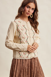 Linden Bloom Embroidered Floral Cardigan - Ecru