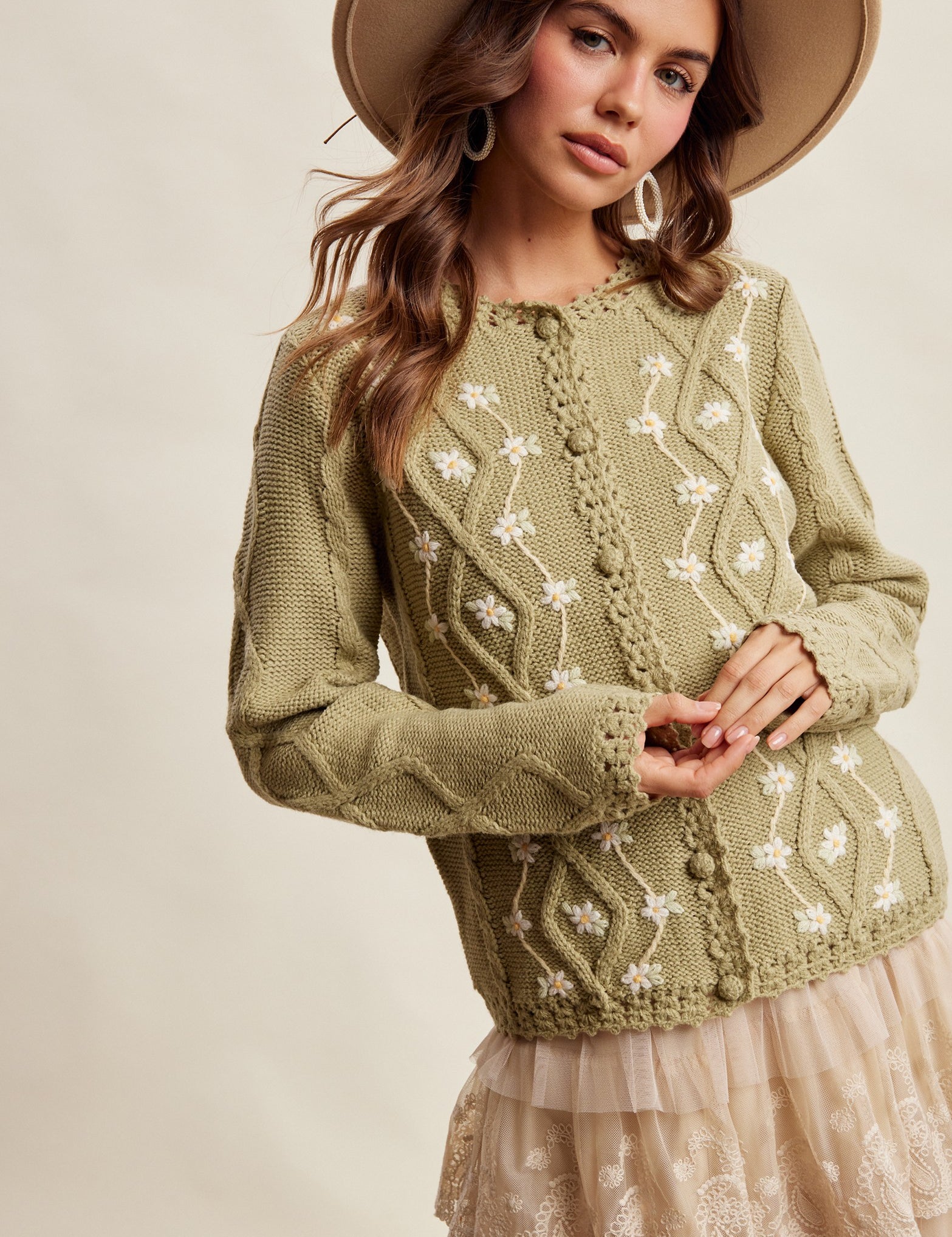 Linden Bloom Embroidered Floral Cardigan - Light Olive