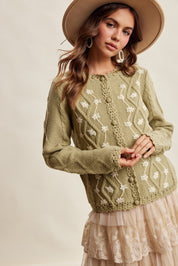 Linden Bloom Embroidered Floral Cardigan - Light Olive