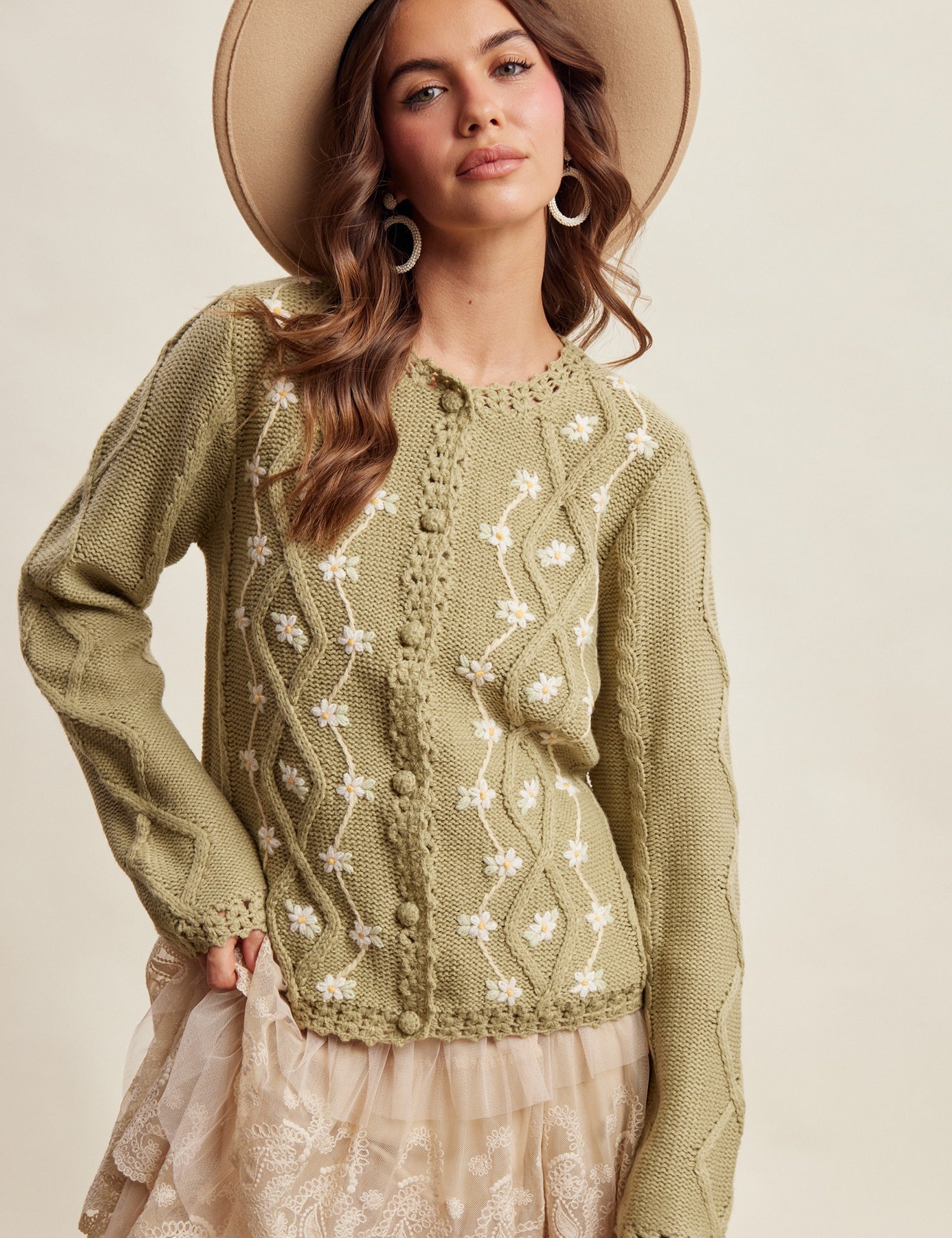 Linden Bloom Embroidered Floral Cardigan - Light Olive