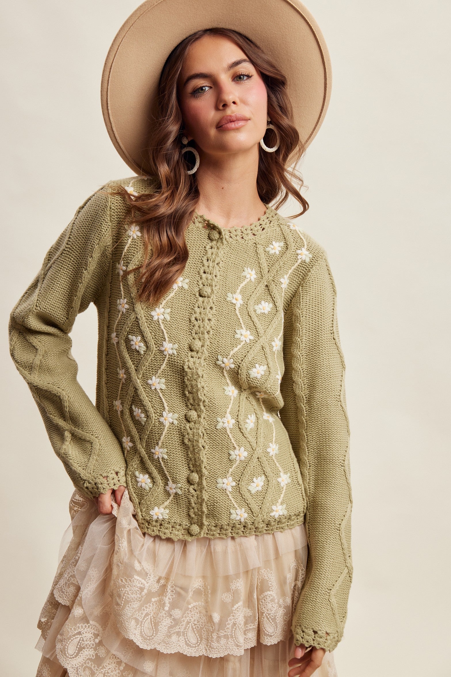 Linden Bloom Embroidered Floral Cardigan - Light Olive