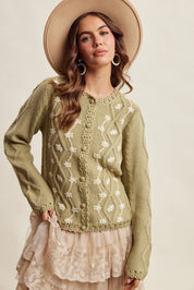 Linden Bloom Embroidered Floral Cardigan - Light Olive