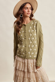 Linden Bloom Embroidered Floral Cardigan - Light Olive