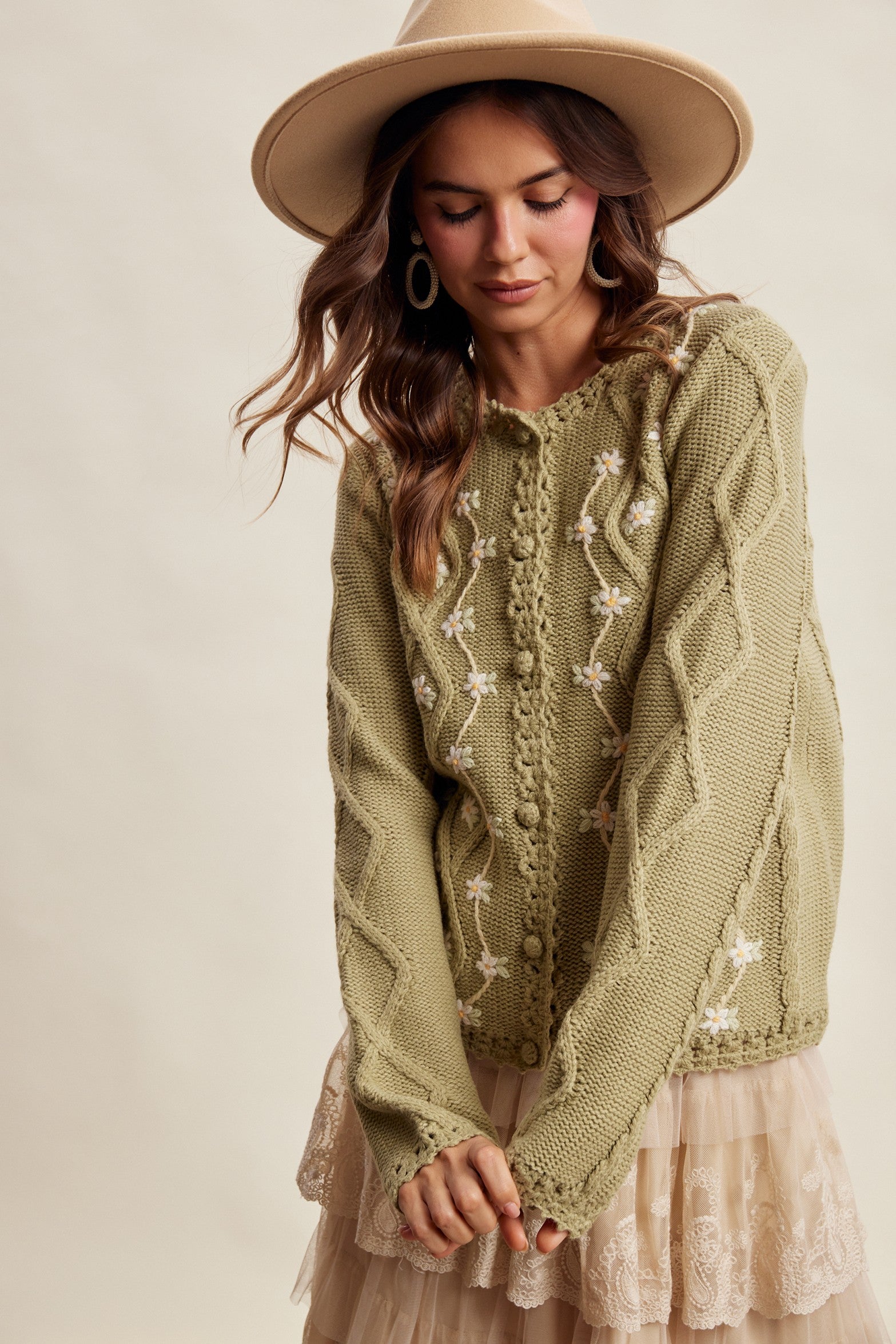 Linden Bloom Embroidered Floral Cardigan - Light Olive
