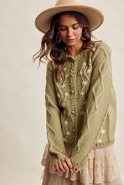 Linden Bloom Embroidered Floral Cardigan - Light Olive