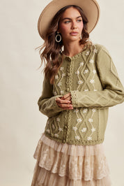 Linden Bloom Embroidered Floral Cardigan - Light Olive