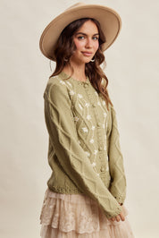 Linden Bloom Embroidered Floral Cardigan - Light Olive