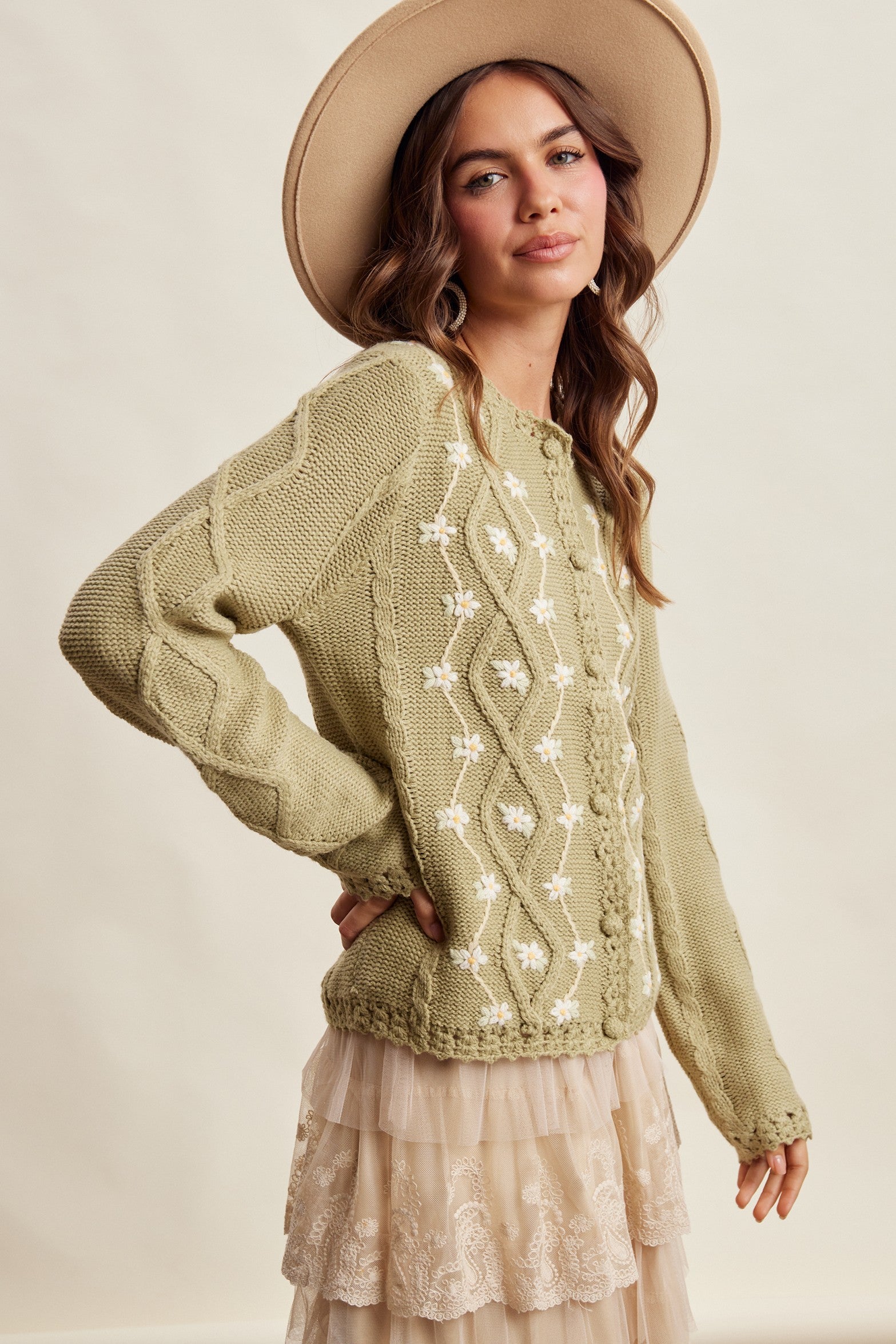 Linden Bloom Embroidered Floral Cardigan - Light Olive