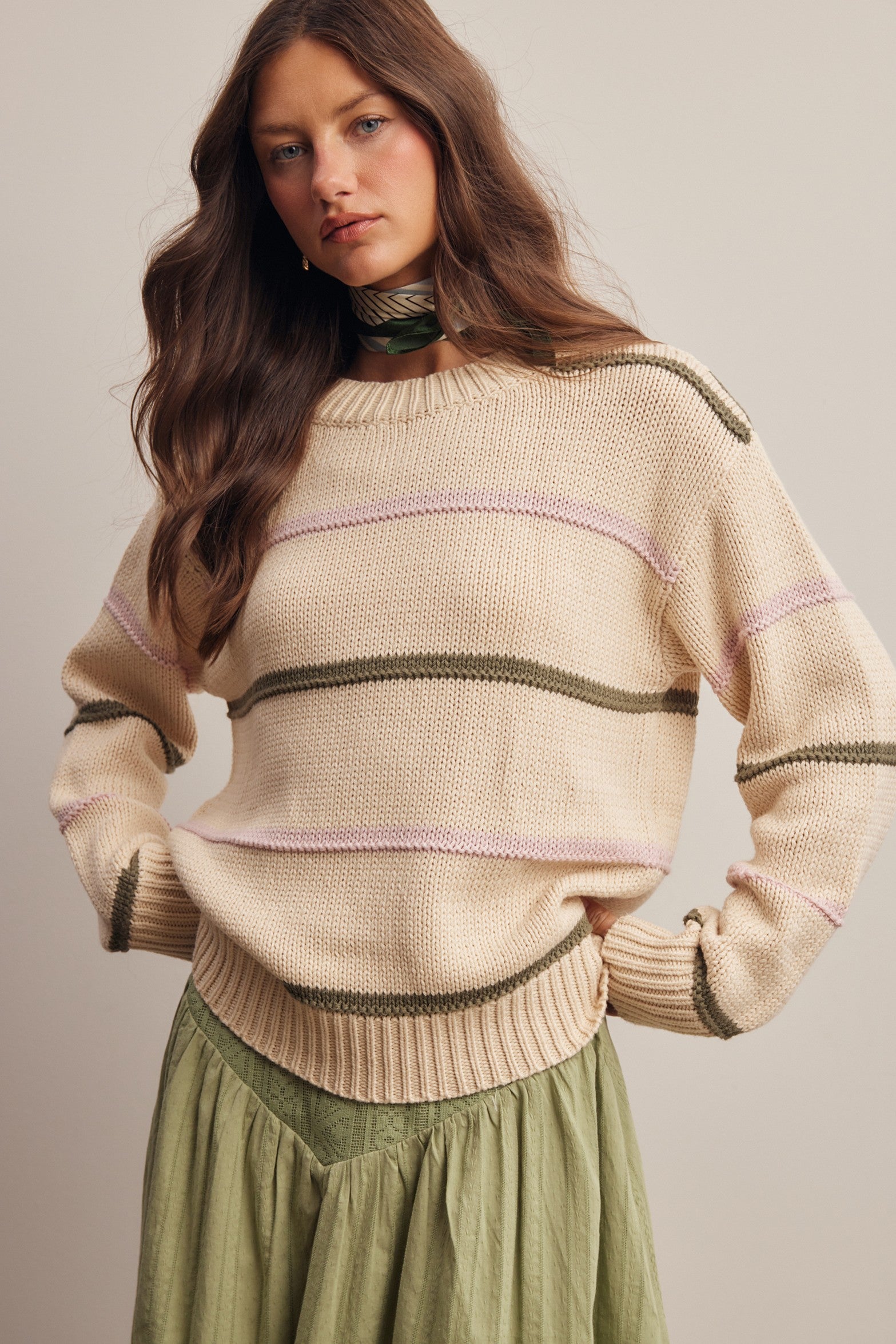 Linear Time Contrast Stripe Sweater in Cream Multi, photo 1