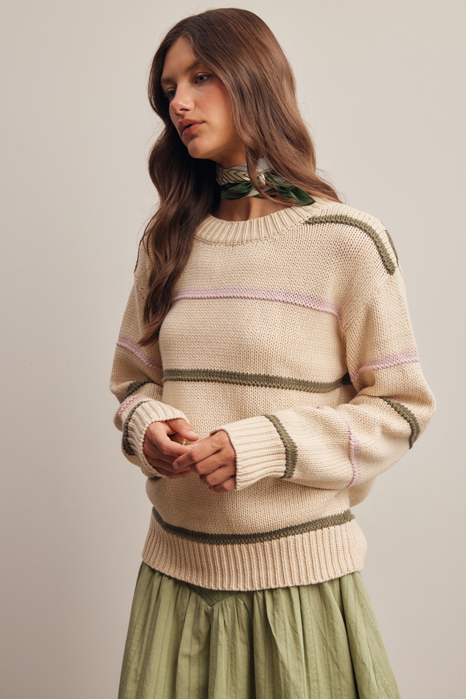 Linear Time Contrast Stripe Sweater in Cream Multi, photo 6