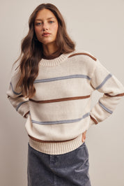 Linear Time Contrast Stripe Sweater in Ivory Multi, photo 1