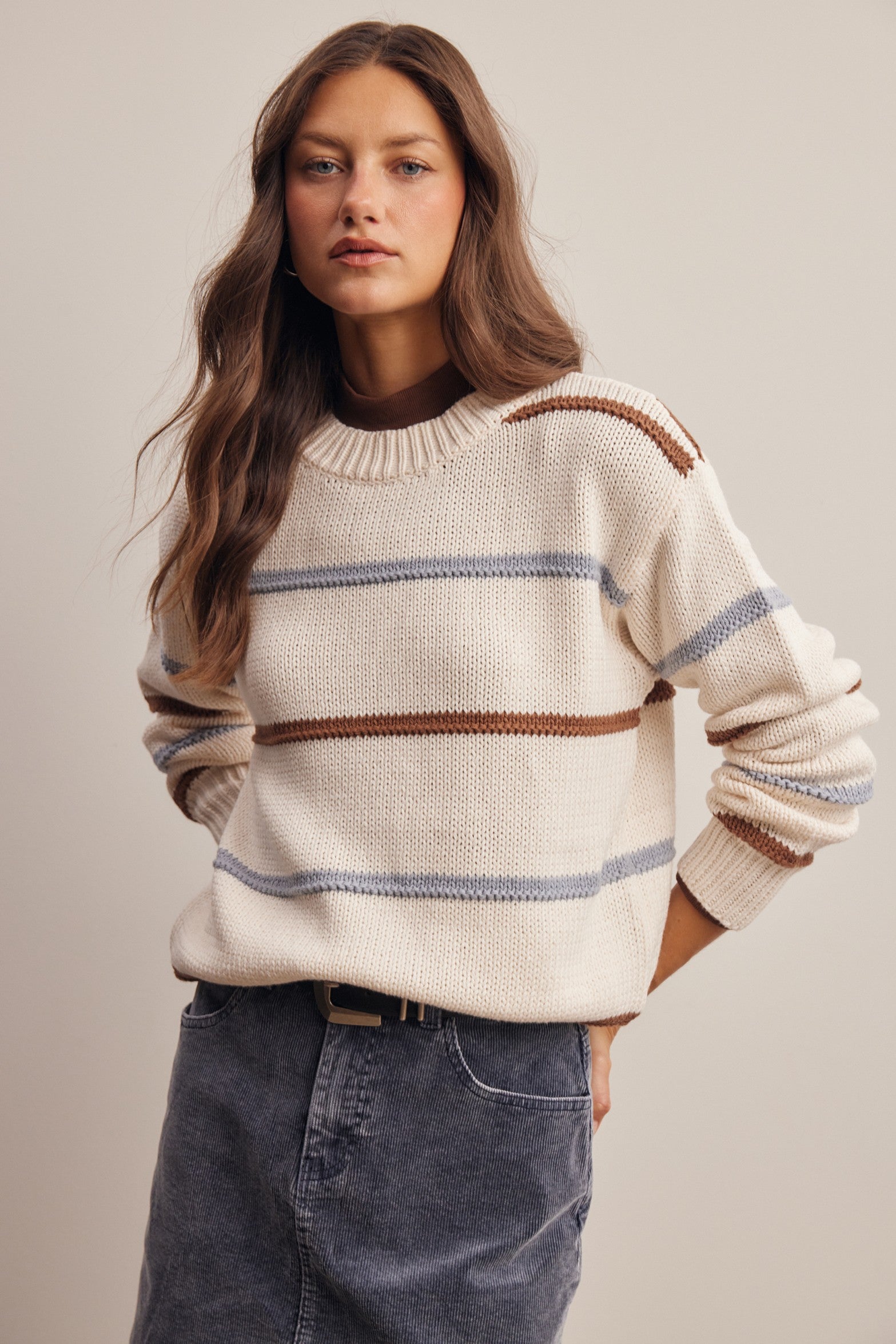 Linear Time Contrast Stripe Sweater in Ivory Multi, photo 4